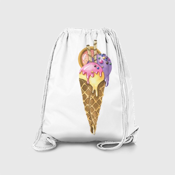Рюкзак «Мороженое в рожке со сладостями. Акварель.»