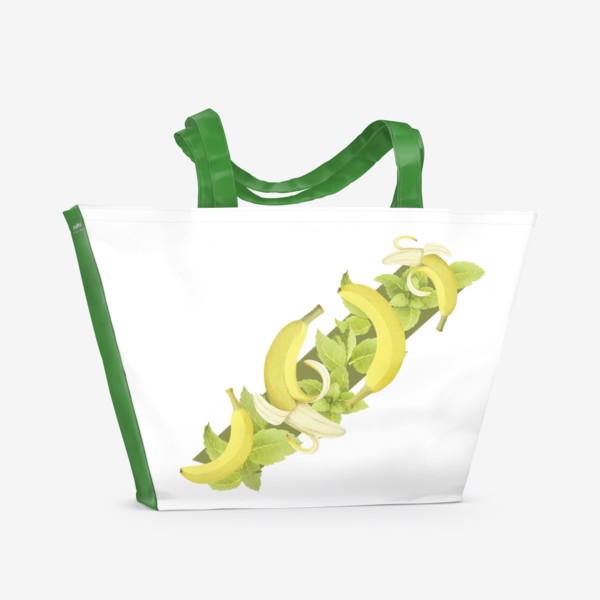 Пляжная сумка «Бананы и мята на оливковом фоне (Коллекция "Фрукты и геометрия")»