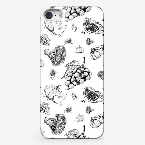 Чехол iPhone «Черно-белый паттерн «Фрукты-Овощи»»