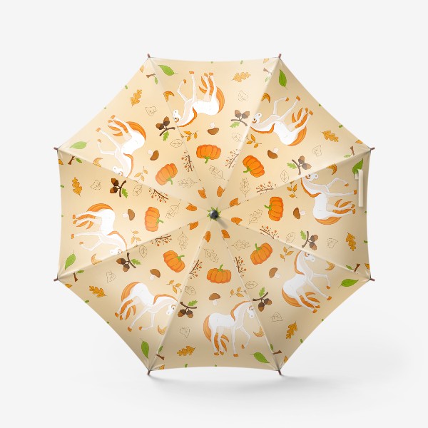 Зонт «Осенний паттерн: единороги, тыквы, грибы и листья.»