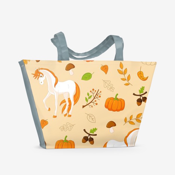 Пляжная сумка &laquo;Осенний паттерн: единороги, тыквы, грибы и листья.&raquo;