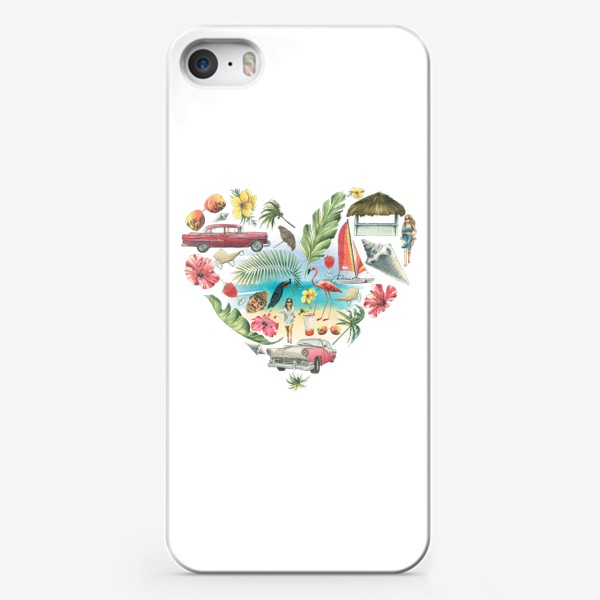 Чехол iPhone «Тропический принт, ретро машина, пальмы, море, яхта, Куба. Акварель.»
