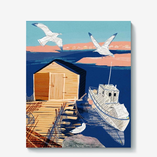 Холст «Постер на морскую тему в технике коллажа с белым корабликом и чайками»