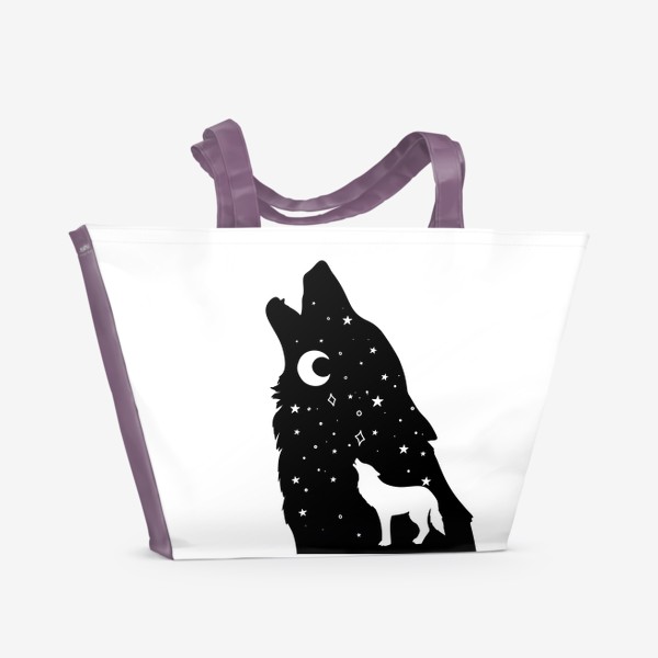 Пляжная сумка &laquo;волк воющий на луну, черная звездная голова с ночным небом и телом волка, серия магические животные&raquo;