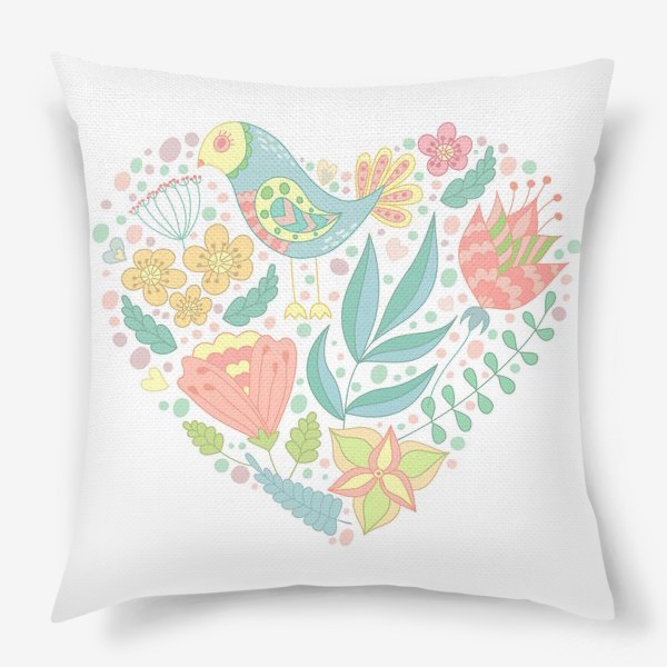 Подушка «Spring heart with bird and florals.»