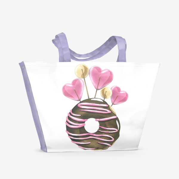 Пляжная сумка &laquo;Шоколадный пончик в глазури и леденцы на палочке. Акварель.&raquo;