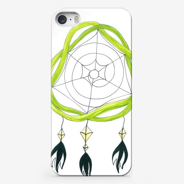 Чехол iPhone «Green dream catcher with yellow crystals and black feathers - Зеленый ловец снов с желтыми кристаллами и черными перьями»