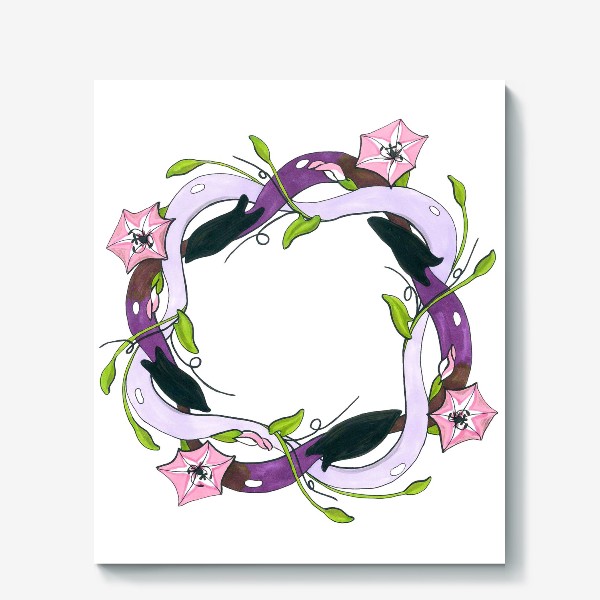 Холст «Intertwined purple swirls  with pink flowers - Переплетенные фиолетовые завитки, украшенные розовыми цветами вьюнка»