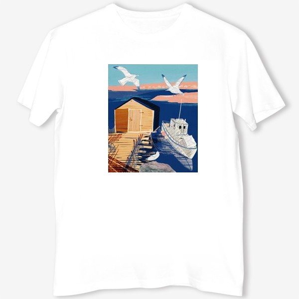Футболка «Постер на морскую тему в технике коллажа с белым корабликом и чайками»