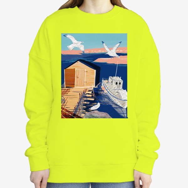 Свитшот «Постер на морскую тему в технике коллажа с белым корабликом и чайками»