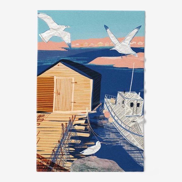 Полотенце «Постер на морскую тему в технике коллажа с белым корабликом и чайками»