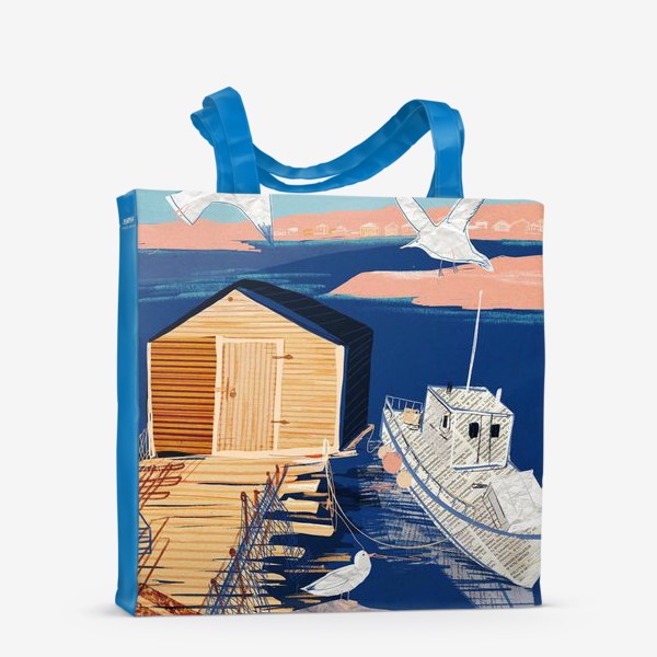 Сумка-шоппер «Постер на морскую тему в технике коллажа с белым корабликом и чайками»