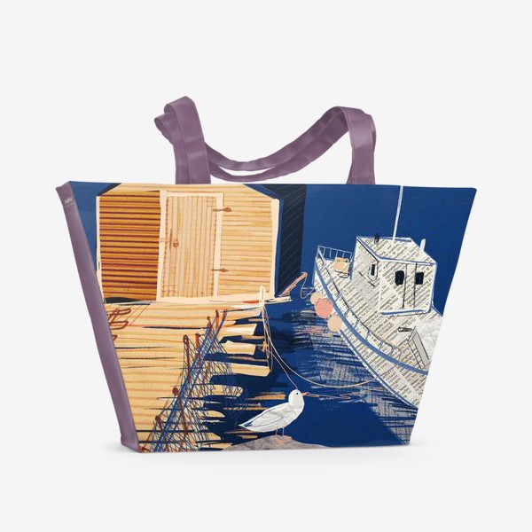 Пляжная сумка &laquo;Постер на морскую тему в технике коллажа с белым корабликом и чайками&raquo;