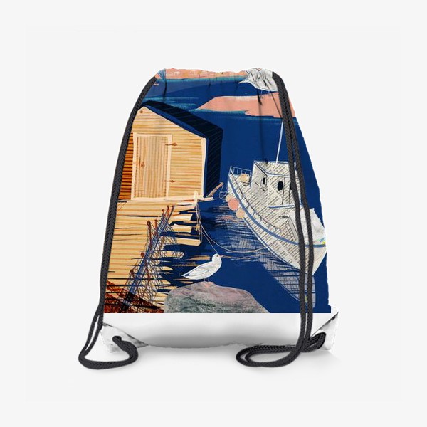 Рюкзак «Постер на морскую тему в технике коллажа с белым корабликом и чайками»