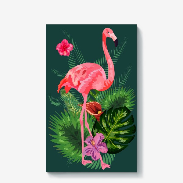 Холст «Розовый фламинго среди тропических листьев и цветов»