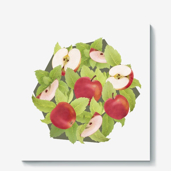 Холст «Яблоки и мята на оливковом фоне (Коллекция "Фрукты и геометрия")»