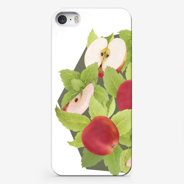 Чехол iPhone «Яблоки и мята на оливковом фоне (Коллекция "Фрукты и геометрия")»