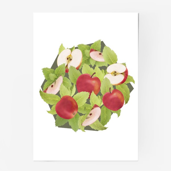 Постер «Яблоки и мята на оливковом фоне (Коллекция "Фрукты и геометрия")»