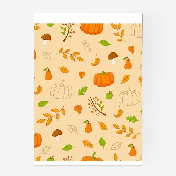 Постер «Осенний паттерн. Тыквы, грибы, листья, ягоды, фрукты.»