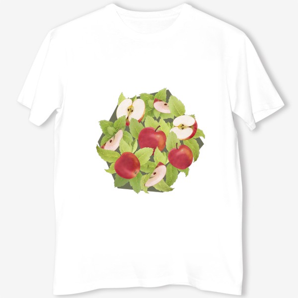 Футболка «Яблоки и мята на оливковом фоне (Коллекция "Фрукты и геометрия")»