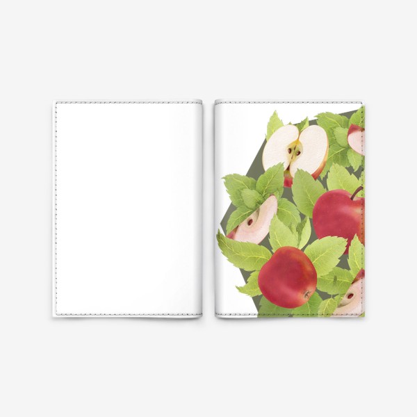 Обложка для паспорта «Яблоки и мята на оливковом фоне (Коллекция "Фрукты и геометрия")»