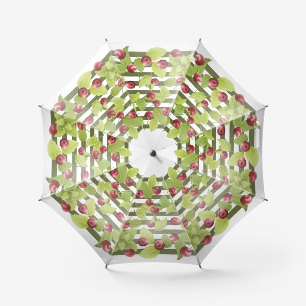 Зонт «Вишня и мята на полосатом оливковом фоне (Коллекция "Фрукты и геометрия")»