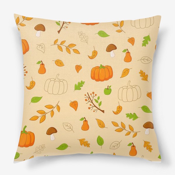 Подушка «Осенний паттерн. Тыквы, грибы, листья, ягоды, фрукты.»
