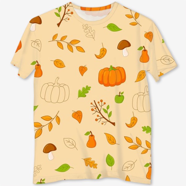 Футболка с полной запечаткой &laquo;Осенний паттерн. Тыквы, грибы, листья, ягоды, фрукты.&raquo;