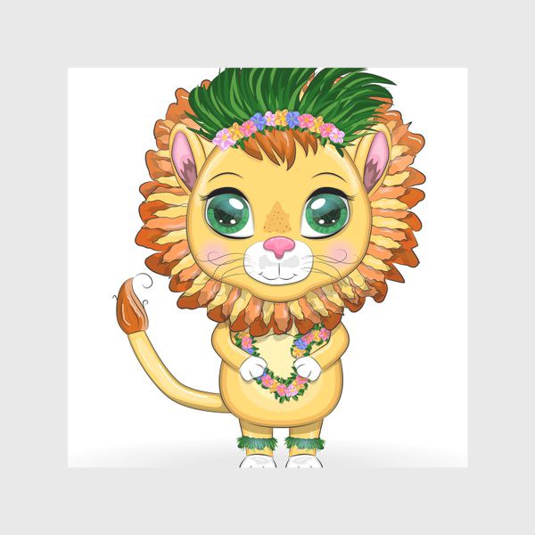 Скатерть «Лев в гавайском наряде, венки и гирлянды из тропических цветов и листьев. Знак зодиак. Каникулы»