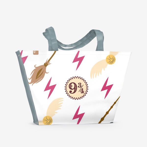 Пляжная сумка «Минималистичный паттерн Гарри Поттер. Платформа, палочка, снитч, молния, метла, череп, очки»