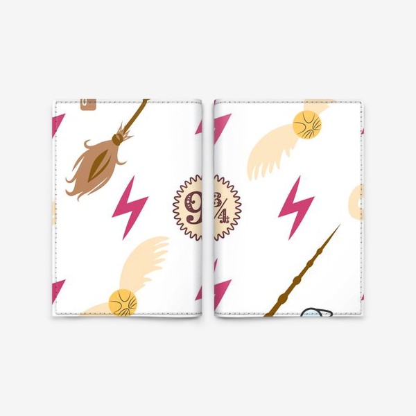 Обложка для паспорта «Минималистичный паттерн Гарри Поттер. Платформа, палочка, снитч, молния, метла, череп, очки»