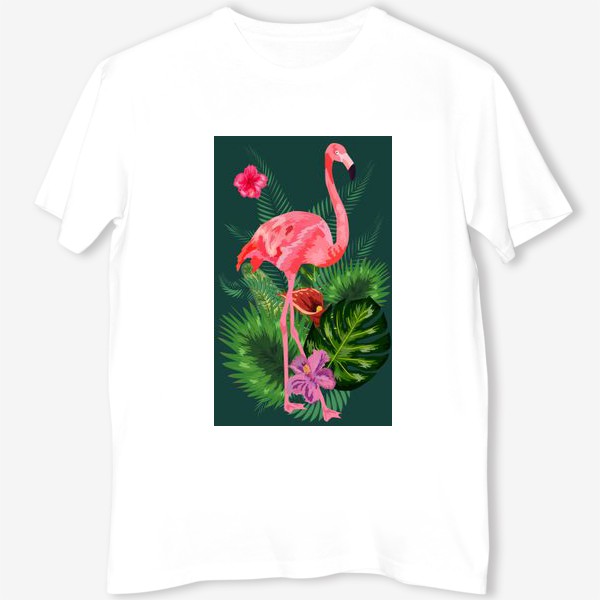 Футболка &laquo;Розовый фламинго среди тропических листьев и цветов&raquo;