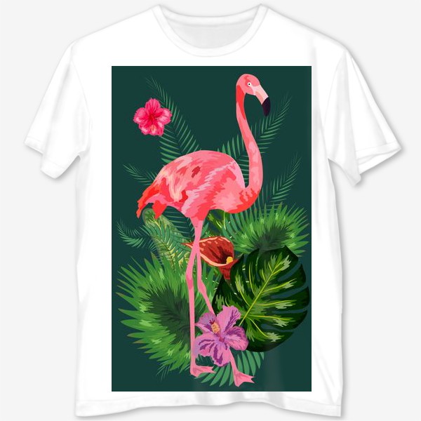 Футболка с полной запечаткой «Розовый фламинго среди тропических листьев и цветов»