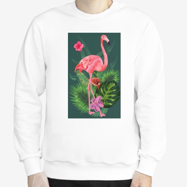 Свитшот &laquo;Розовый фламинго среди тропических листьев и цветов&raquo;