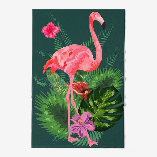 Полотенце &laquo;Розовый фламинго среди тропических листьев и цветов&raquo;