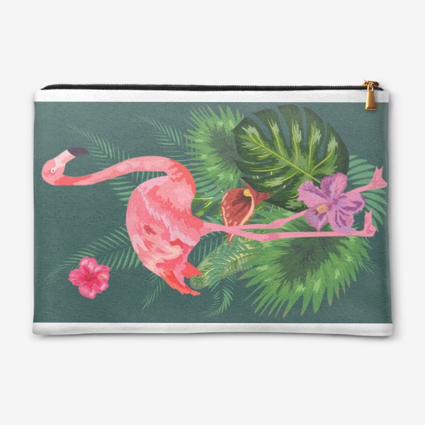 Косметичка «Розовый фламинго среди тропических листьев и цветов»