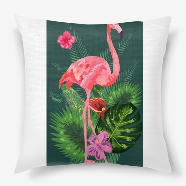 Подушка &laquo;Розовый фламинго среди тропических листьев и цветов&raquo;