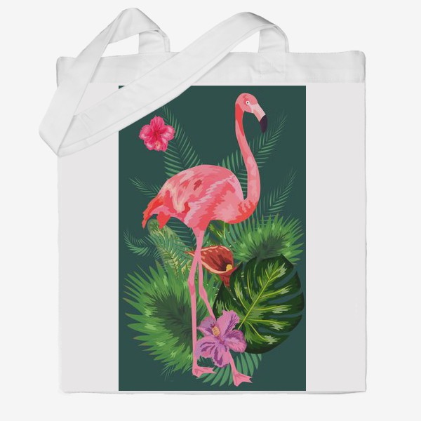 Сумка хб «Розовый фламинго среди тропических листьев и цветов»