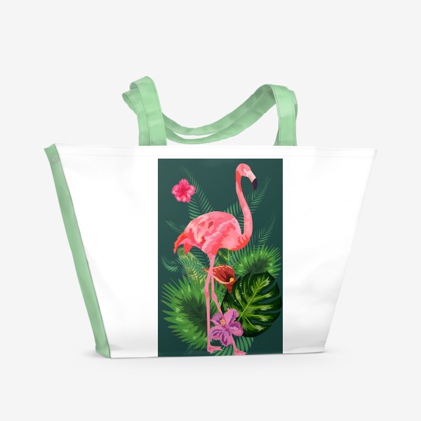 Пляжная сумка &laquo;Розовый фламинго среди тропических листьев и цветов&raquo;