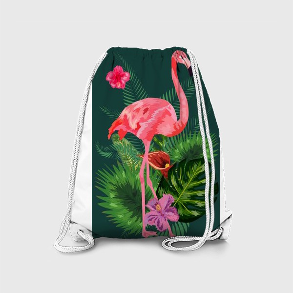 Рюкзак &laquo;Розовый фламинго среди тропических листьев и цветов&raquo;