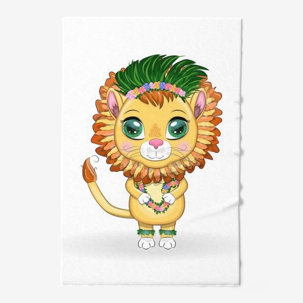 Полотенце «Лев в гавайском наряде, венки и гирлянды из тропических цветов и листьев. Знак зодиак. Каникулы»