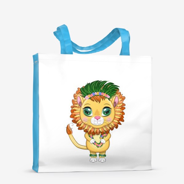 Сумка-шоппер «Лев в гавайском наряде, венки и гирлянды из тропических цветов и листьев. Знак зодиак. Каникулы»