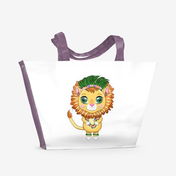Пляжная сумка &laquo;Лев в гавайском наряде, венки и гирлянды из тропических цветов и листьев. Знак зодиак. Каникулы&raquo;