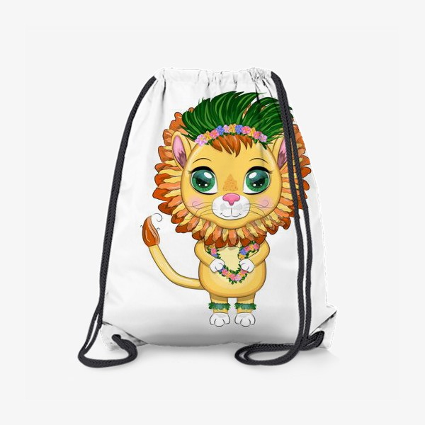 Рюкзак «Лев в гавайском наряде, венки и гирлянды из тропических цветов и листьев. Знак зодиак. Каникулы»