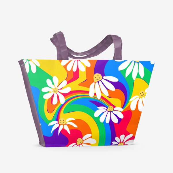 Пляжная сумка &laquo;Улыбающиеся ромашки на фоне закрученной радуги, паттерн  в ретро стиле 1970х&raquo;