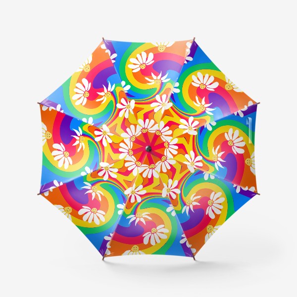 Зонт «Улыбающиеся ромашки на фоне закрученной радуги, паттерн  в ретро стиле 1970х»