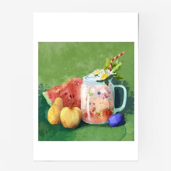 Постер «Фруктовый лимонад, яблоко, груша, слива, арбуз, ромашки»