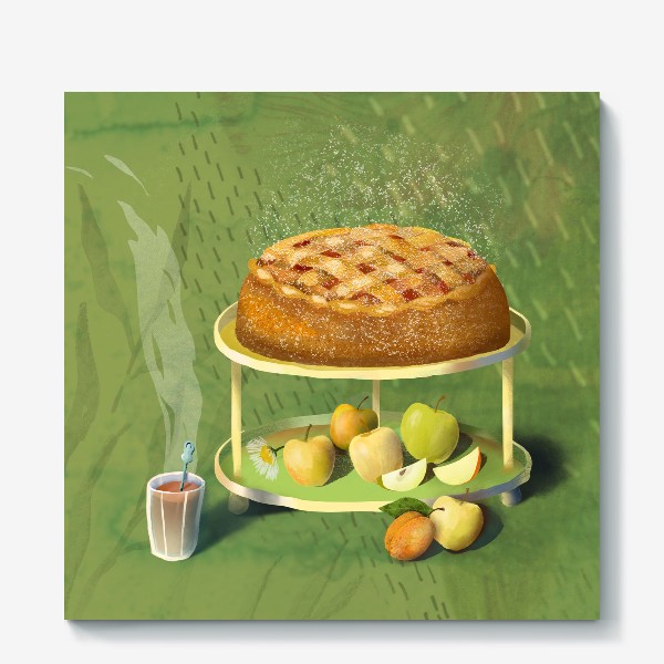Холст &laquo;Яблочный пирог. Яблоки. Абрикос. Ромашки. Стакан чаю.&raquo;