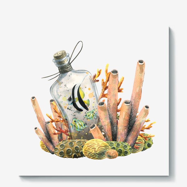 Холст «Кораллы, тропические рыбки в бутылке. Акварель.»