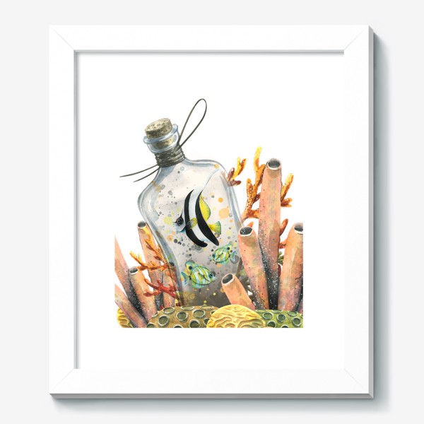 Картина «Кораллы, тропические рыбки в бутылке. Акварель.»